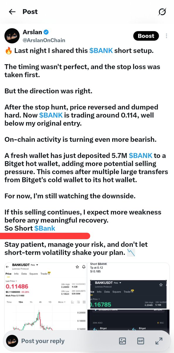 ArslanOnChain's tweet photo. 🐱 I hope our X community enjoyed this one.

We caught the move.

The market took our stop first, but the analysis was right. After that, I Give Another Signal and $BANK completely collapsed.

From 0.117 to 0.077.

That's more than a 40% drop.

I'm closing my position here.

Could it dump more? Maybe.

But my job is to take the move, secure profits, and move on to the next opportunity.

Profit is only real when you take it.

Congratulations to everyone who trusted the setup and managed their risk. More opportunities are always coming. 🎯