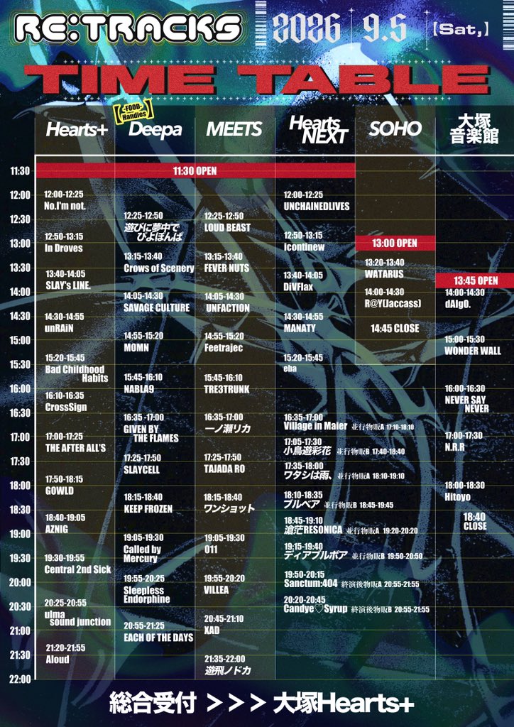 Re_Sail_Records's tweet photo. 2026/9/5(土)
Re:Sail Records presents
「RE:TRACKS 2026」
大塚Hearts+
大塚HeartsNEXT
大塚Deepa
大塚MEETS
大塚SOHO
大塚音楽館
OPEN/START 11:30/12:00
ADV/DOOR ¥5000/¥5400

＊総合受付は大塚Hearts+＊

🎫 LivePocket 🎫
8/1 18:00〜販売開始
https://t.co/V5j15jlSMy

-ACT-
Aloud
AZNIG
THE AFTER ALL’S
Bad Childhood Habits
Called by Mercury
Candye♡Syrup
Central 2nd Sick
CrossSign
Crows of Scenery
dAIgO.
DiVFlax
EACH OF THE DAYS
Feetrajec
FEVER NUTS
eba
GIVEN BY THE FLAMES
GOWLD
Hitoyo
icontinew
In Droves
KEEP FROZEN
LOUD BEAST
MANATY
MOMN
NABLA9
NEVER SAY NEVER
No.I'm not.
N.R.R
R@Y(Jaccass)
Sanctum:404
SAVAGE CULTURE
SLAYCELL
SLAY's LINE.
Sleepless Endorphine
TAJADA RO
TRE3TRUNK
ulma sound junction
UNCHAINEDLIVES
UNFACTION
unRAiN
Village in Maier
VILLEA
WATARUS
WONDER WALL
XAD
011
ディアブルボア
ブルベア
ワタシは雨、
ワンショット
遊びに夢中でぴよぽんぱ
遊飛ノドカ
一ノ瀬リカ
小鳥遊彩花
滄茫RESONICA

※全6会場55組

-FOOD-
Handies