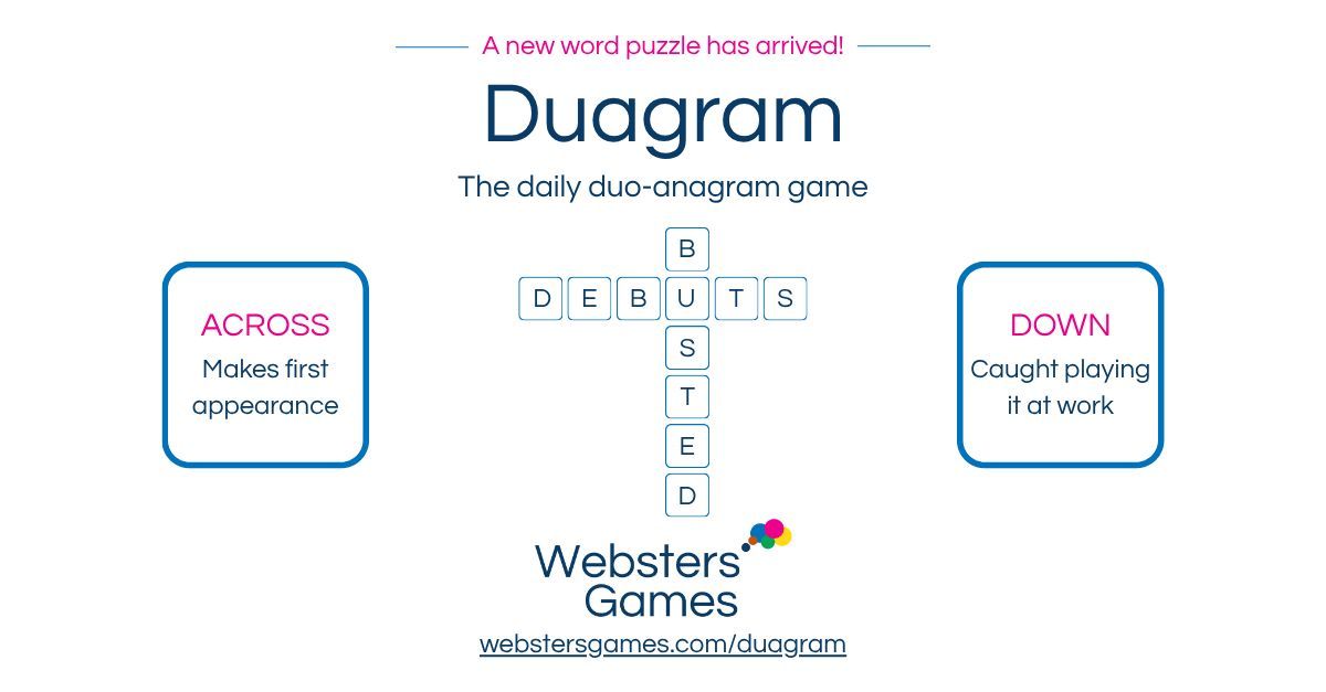 Websters_Intl's tweet photo. Duagram is live!
A daily word puzzle featuring two intersecting anagrams and a fresh challenge every day.
Try it now: https://t.co/XBdee7cdJq
#WordGames #PuzzleGames #Duagram https://t.co/yL8Q5DMErj