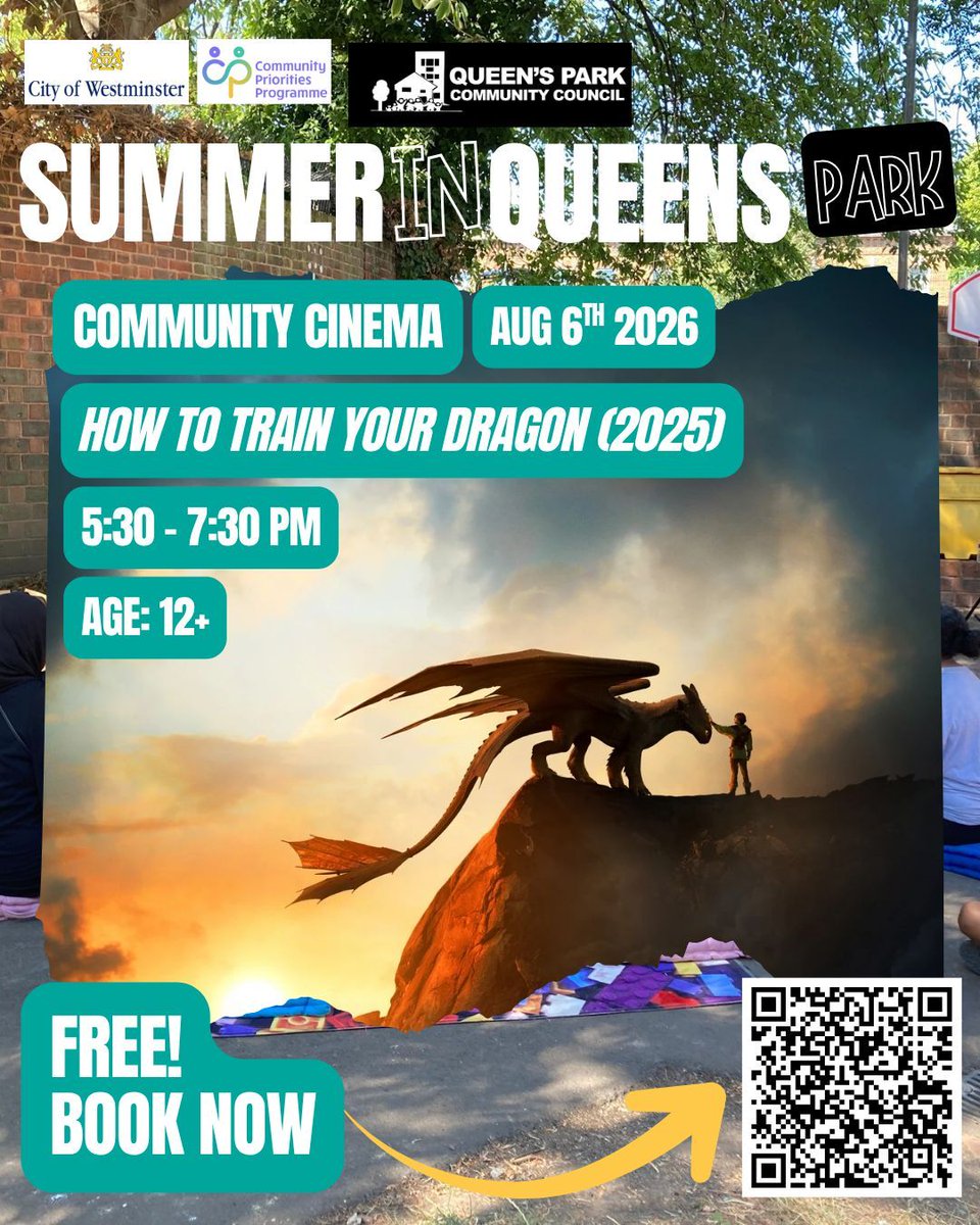 QPCouncil's tweet photo. 🎬 Join us for a FREE Community Cinema screening of How to Train Your Dragon (2025)! 🐉

📅 Thurs 6th Aug
⏰ 5:30–7:30 PM
🎟️ Ages 12+ | FREE

Spaces are limited—scan the QR code on the graphic or book online: https://t.co/XWp8M8QG9R

#QueensPark #Westminster #SummerInQueensPark26 https://t.co/fYvNbFPlEX