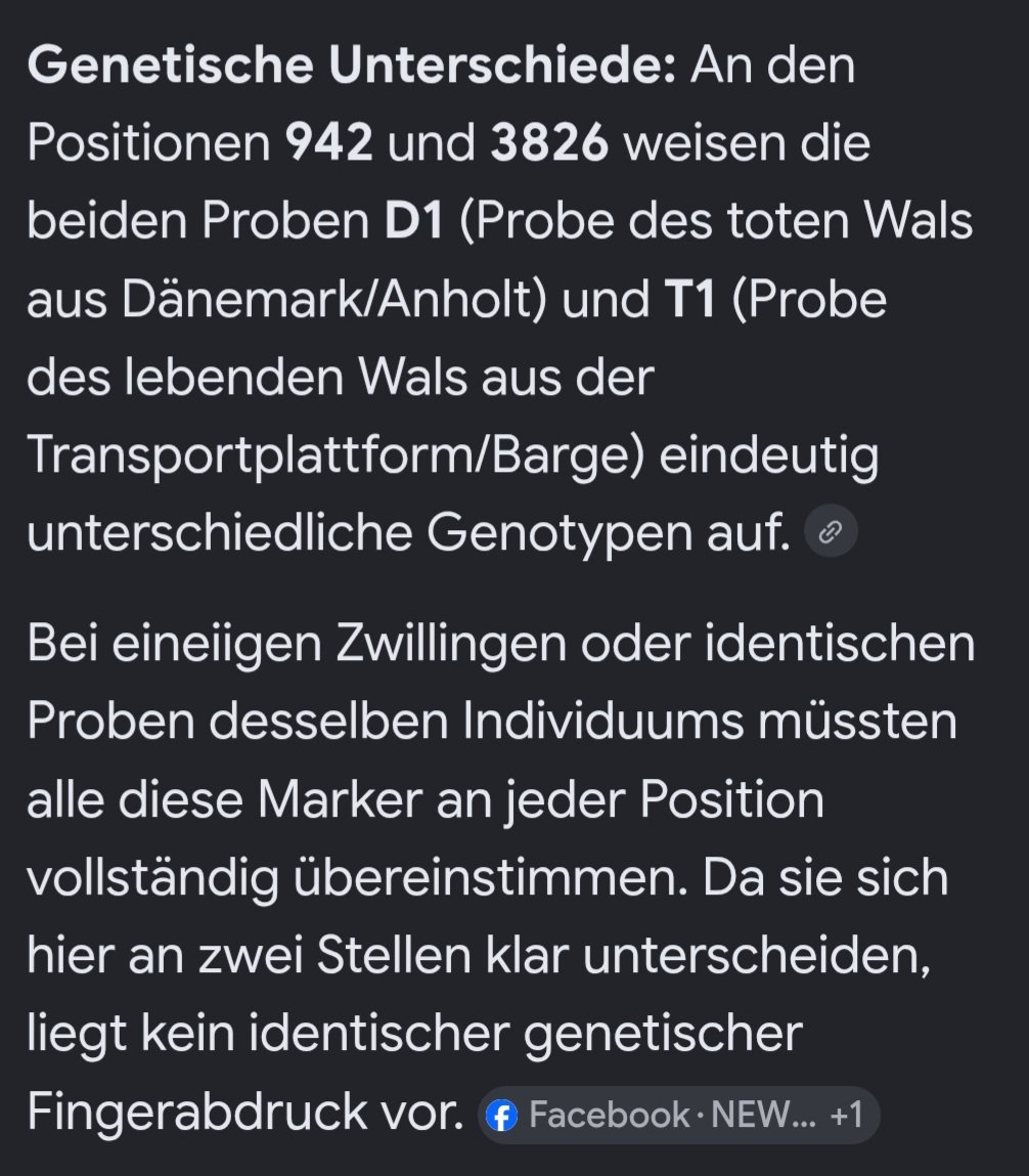 GwiasdaSig15128's tweet photo. Mit der #DNAAnalyse (Goldstandard) in #China wurde bewiesen: Der #Buckelwal aus Anholt/Dänemark war NICHT derselbe #Wal #Hope, die in der Barge transportiert wurde!!!
Die beiden #Gewebe| proben weisen eindeutig unterschiedliche Genotypen auf.
#Genotyp #Hope 🐳✨🐬✨ https://t.co/StsJogAs8S