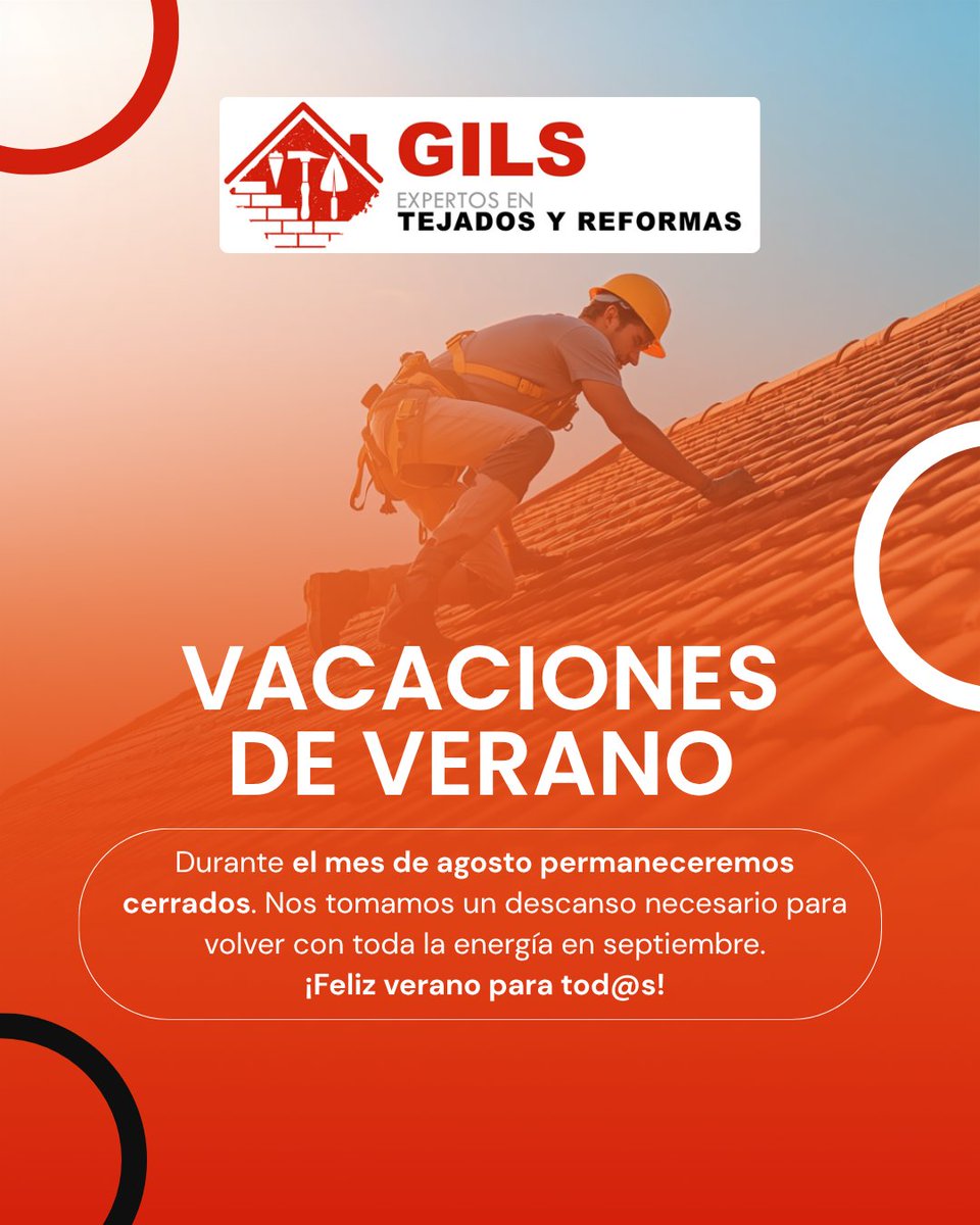 TejadosGILS's tweet photo. 🌊¡Nos Vamos de Vacaciones de Verano!😎
El equipo técnico de #techadores de @TejadosGILS #Madrid tomamos unas semanas de descanso.

🗓️Estaremos cerrados del 1 al 31 de Agosto
📧 Puede contactarnos y le atenderemos sin falta a la vuelta en Septiembre
🏖️ ¡Feliz verano para tod@s! https://t.co/IxvvICl84G