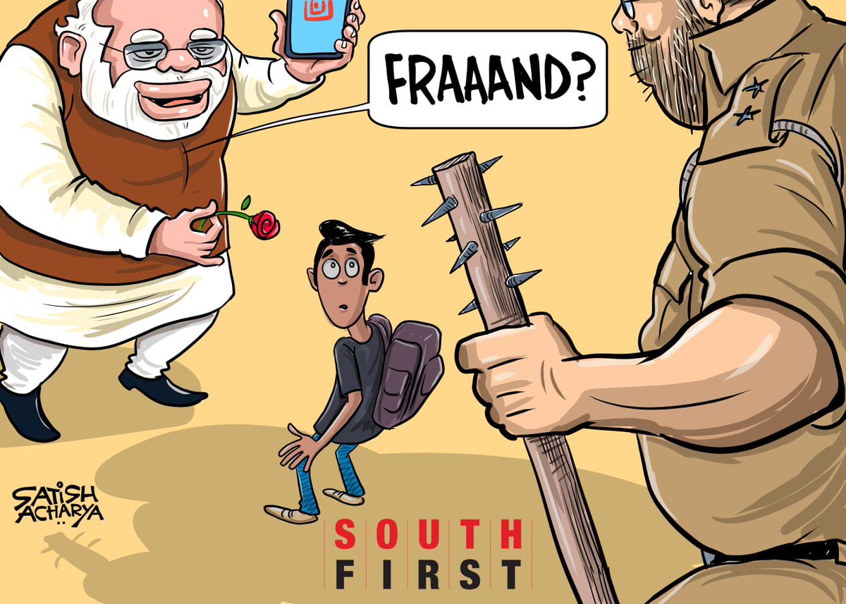 satishacharya's tweet photo. Youngsters who protested face harrasment!  #studentmovement 
@TheSouthfirst cartoon. https://t.co/gq212kl7vg