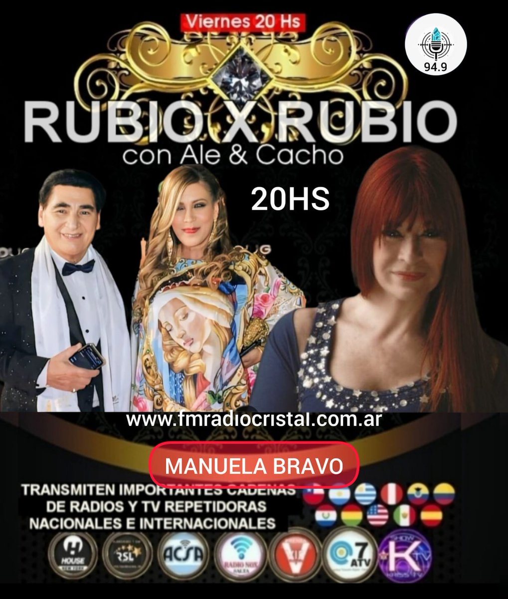 ALERUBIO_'s tweet photo. #IMPERDIBLE
🔴Este VIERNES 20HS MANUELA BRAVO en #RUBIOxRUBIO con
@CachoRubio_ y @ALERUBIO_ x
@fm_radiocristal
https://t.co/u7xUNrU4j9
Canales y Gran Cadenas de Radios Nacionales e Internacionales @contenidostvra @fupem
#RSLInternacional p/ todo EEUU y 50 países del mundo 🌎 https://t.co/Nu5ijLdVNh
