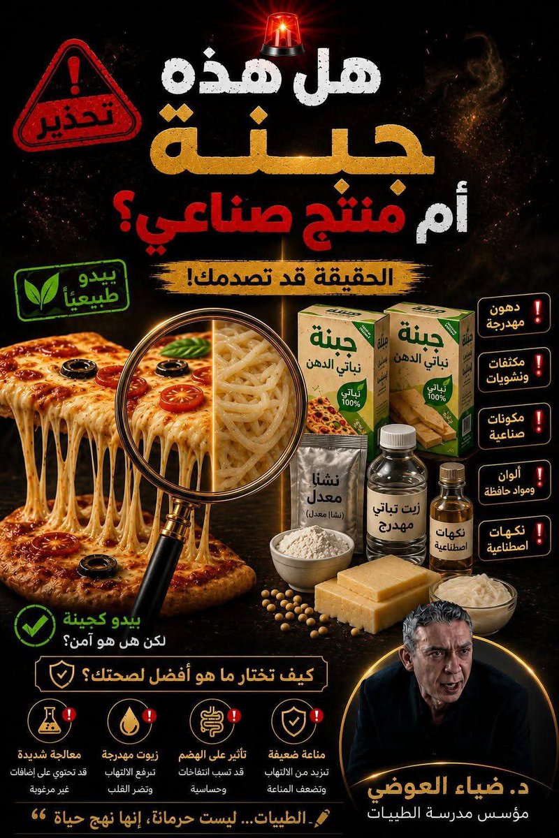 AliAli137278's tweet photo. 🚨 "هل هذه جبنة حقيقية... أم مجرد منتج صناعي يدمّر أمعاءك؟!" 🚨

كلنا نأكل الجبن...
لكن هل تعرف ماذا يوجد داخلها؟

واللغز الحائر: لماذا يُمنع اللبن الحليب في مدرسة الطيبات.. بينما تُسمح الأجبان المطبوخة والجودة والرومي؟! 🧀⚠️

قبل أن تشتري علبة الجبن القادمة.. انظر إلى المكونات في الخلف:
هل تشتري "دهن حليب طبيعي".. أم تنفق مالك على "زيت نخل مهدرج ونشا معدل" في قالب أحمر؟!

الحقيقة التي تكشفها الفسيولوجيا الفطرية:
❌ "معظم ما يُباع في الأسواق اليوم ليس جبناً، بل قنبلة كيميائية تسبب الكبد الدهني وتجرح خملات الأمعاء!" ❌

---

💣 **1. كارثة الأجبان "نباتية الدهن" (الجبن المغشوش):**

المنتجات التي يُكتب عليها بخط صغير "نباتي الدهن" ليست أجباناً من الأساس! 
هي عبارة عن: **مصل لبن + زيت نخل مهدرج + نشا معدل + مستحلبات وألوان صناعية**.
* **التأثير الفسيولوجي:** الزيوت النباتية المعالجة تصيب بشرة الأمعاء المخاطية بالتهاب حاد، وتسبب كبراً في حجم الخلايا الدهنية، وتجهد الكبد في محاولة طرد هذه السموم المكررة!

---

💡 **2. حل اللغز: ليه اللبن ممنوع.. والجبن المطبوخ مسموح؟!**

كثيرون يسألون: كيف يمنع البروفيسور د. ضياء العوضي رحمه الله اللبن الحليب ويسمح بالأجبان ؟!

* 🥛 **اللبن الحليب (ممنوع):** يمتلك سكر "اللاكتوز" وبروتين "الكازين" بصورته المعقدة النيّة. في الأمعاء الملتهبة، يسبب اللبن تخمراً سريعاً، وأبخرة سموم، وتسريباً للأمعاء ($Leaky\ Gut$).
* 🧀 **الجبن الطبيعي المطبوخ والمعتق (مسموح):** عملية الطهي والتعريض للحرارة والتخمير الطبيعي ($Fermentation\ &\ Heat\ Processing$) تقوم بتفكيك سكر اللاكتوز تماماً، وتكسر بروتين الكازين المعقد إلى روابط ببتيدية بسيطة جداً وسلسة.. فيتحول الجبن إلى **غذاء سلس سهل الامتصاص ولا يسبب أي تخمر!**

---

🟢 **3. قائمة الأجبان المسموحة في نظام الطيبات:**

تُسمح الأجبان المطبوخة والمعتقة **بشرط صارم واحد:** (أن تكون مصنوعة من دهن حليبي طبيعي 100% وخالية تماماً من الدهون النباتية):

نعَم لمثل:
✅ **الجبن الرومي / الشيدر / الجودة / الفلمنك / الإيدام.**
✅ **أجبان المثلثات والنستو والجبن المطبوخ (بشرط قراءة المكونات: دهن حليبي طبيعي 100%).**

---

🤲 رحم الله البروفيسور د. ضياء العوضي الذي علمنا كيف نقرأ الغذاء بعيون فسيولوجية صحيحة.

---

🎁 **شاركونا في التعليقات (لنكشف المستور):**
1️⃣ افتح ثلاجتك الآن واقرأ العلبة: هل الجبنة اللي عندك "دهن حليبي طبيعي" أم "نباتي الدهن"؟
2️⃣ اكتب كلمة **"طيبات"** أو **"مدرسة الفطرة"** وشارك المقال.. 

📲 وسنرسل لك فوراً على الخاص:
**(دليل قراءة الملصقات الغذائية: كيف تفرق بين الجبن الطبيعي والمغشوش في السوبرماركت)!** 🌿

---
@أبرز المعجبين 
#مدرسة_الطيبات #الدكتور_ضياء_العوضي #الجبن_النباتي #الوقود_السلس #التشافي_بالفطرة #وعي_صحي #صحة_الأمعاء #أجبان_طبيعية