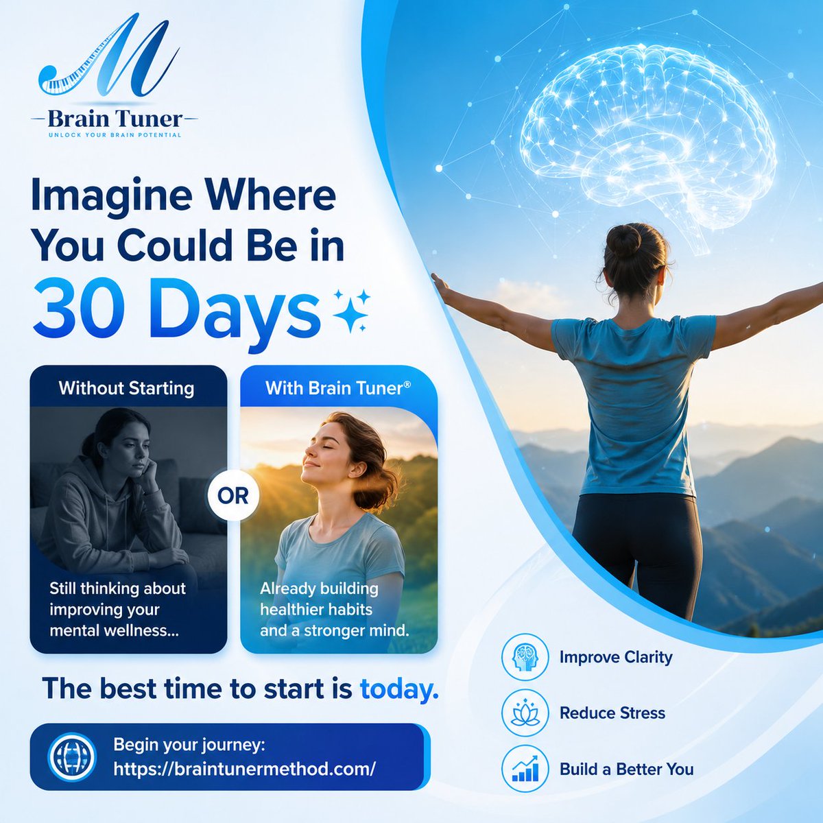 BrainTuneMethod's tweet photo. 🧠 Thirty days from now, you'll be glad you started today.

Begin building healthier habits, better focus, and improved mental wellness with Brain Tuner®. Every small step counts.

🌐 Start your journey: https://t.co/HWr7KTc3ka

#MentalWellness #BrainHealth #PersonalGrowth https://t.co/nkXF4KOF1R