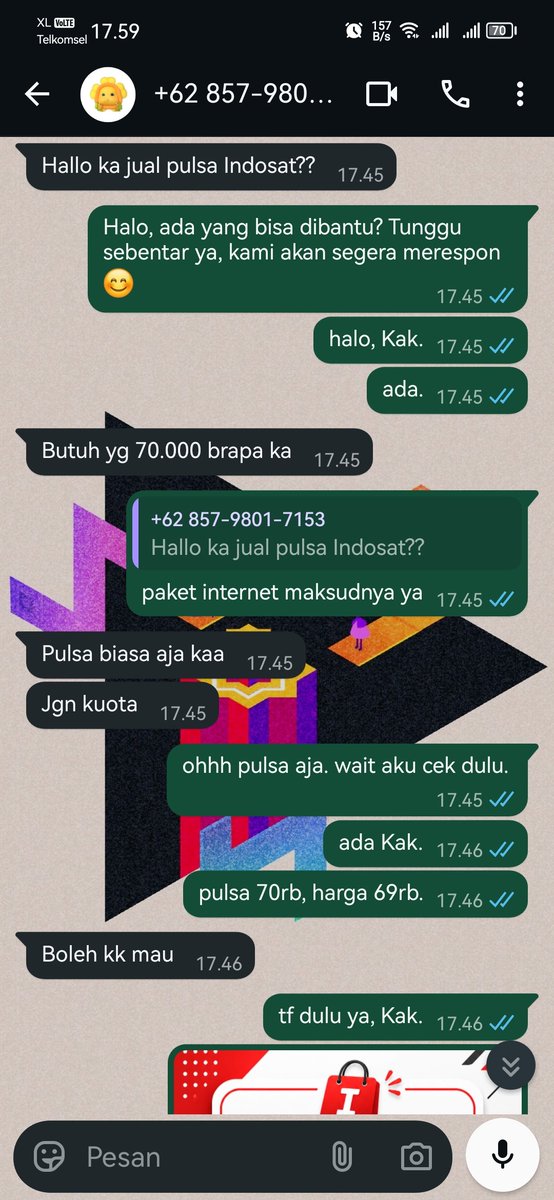Ikaroz_s's tweet photo. #bealanja
hati hati kalau dichat nomor ini: +62 857-9801-7153. penipu. aku tadi hampir ketipu. dia mau beli pulsa. bilangnya udah tf, nunjukin ss tf, padahal gaada saldo masuk.
tandain nomornya: 085798017153 https://t.co/d2xW46r6IY