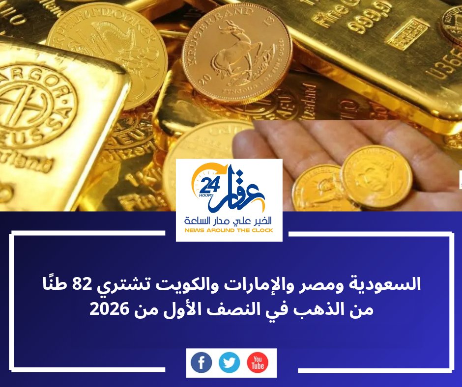 aqaar24hour's tweet photo. تراجع مشتريات الذهب في 4 دول عربية خلال النصف الأول من 2026، لكن الإنفاق ارتفع مع صعود الأسعار، والسبائك والعملات تواصل جذب المستثمرين على حساب المشغول��ت.

التفاصيل:

https://t.co/bVXKuygQ75

 #الذهب #أسعار_الذهب #الاستثمار #السبائك #اقتصاد #عقار24 https://t.co/Zk7lgbfR8R