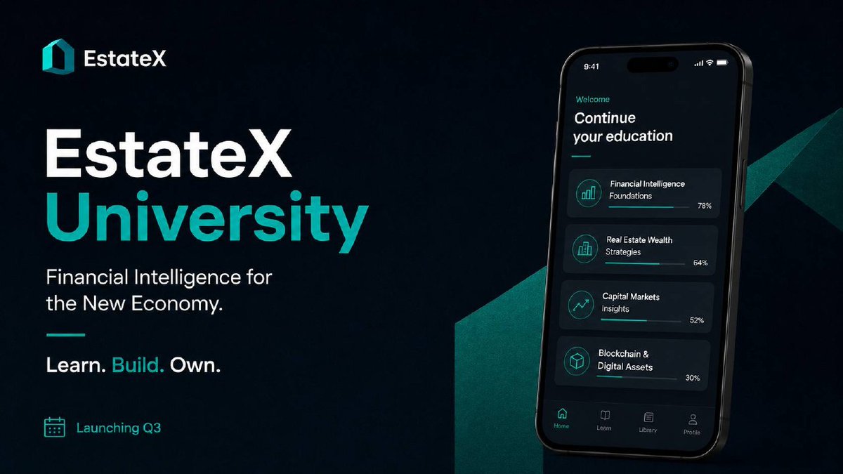 estatextokenize's tweet photo. 🚨 Introducing EstateX University

The next generation of financial intelligence is coming.

A modern learning ecosystem built to help entrepreneurs, investors, and digital leaders understand:

• Money & wealth creation • Real estate & ownership • Capital markets • AI & future economies • Blockchain & digital assets
Education for those building the future.

Launching Q3.
