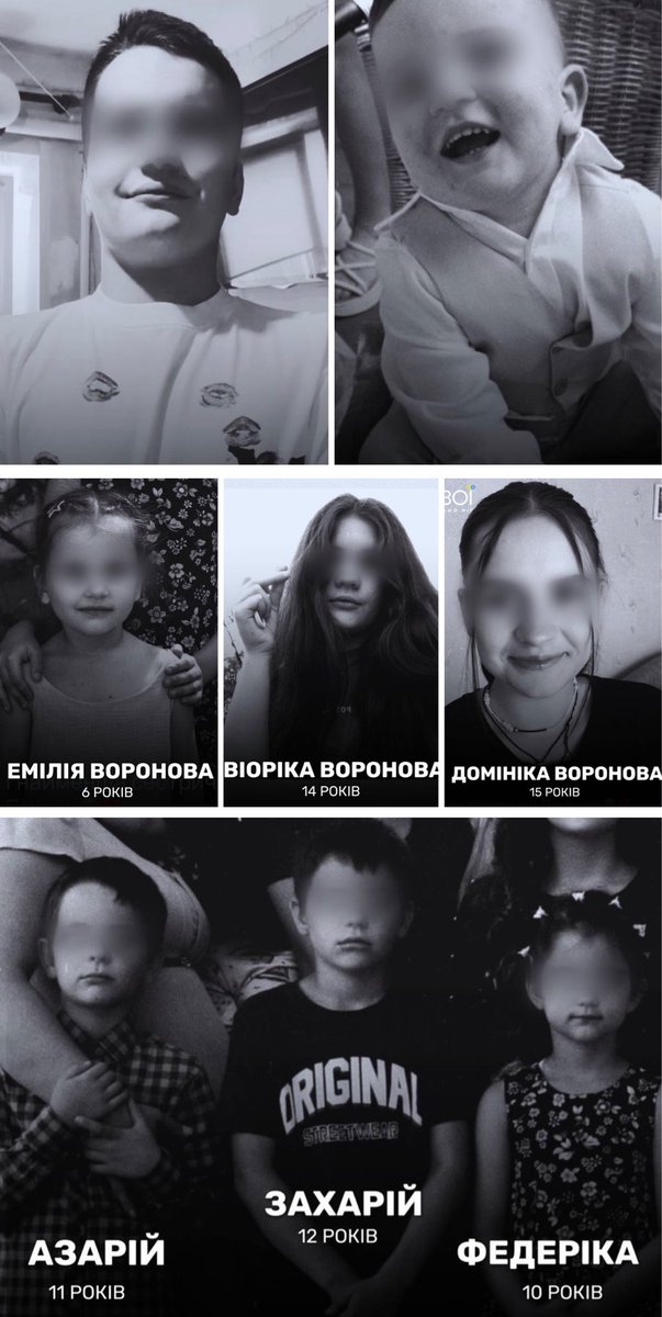 victoriaslog's tweet photo. Most likely, the entire family has died: the parents and their 8 children.

So far, rescuers haven’t found anyone alive and all of them stayed in that house 🕯️

1st row: Mark (17) and Artem (1.5)
2nd row: Emilia (6), Viorika (14), Dominica (15)
3rd row: Azariy (11), Zakhariy (12), Federica (10)

📍Dnipro region