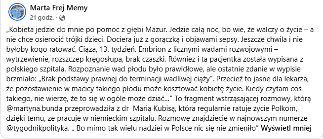 WieElink's tweet photo. Diagnoza? 
Brak czaszki płodu. 
Wypis z polskiego szpitala  „Brak podstawy prawnej” do terminacji wadliwej ciąży.
To nie jest „ochrona życia”. 
To jest systemowa przemoc wobec kobiet❗️

Kiedy Polska stanie się krajem bezpiecznym dla kobiet⁉️
Cały artykuł @tygodnikpolityka https://t.co/YjYptN9L6M