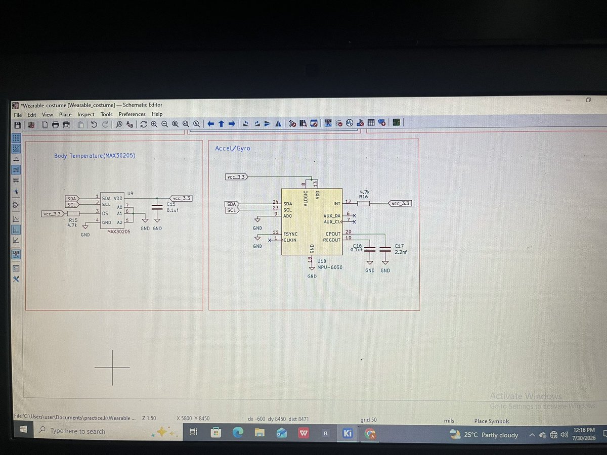 Adeoye79886320's tweet photo. Update on my wearable PCB project.
Added the MAX30205 body temperature sensor by creating a custom KiCad symbol from the datasheet.
Also completed the MPU6050 section and the schematic is gradually coming together
#KiCad #PCBDesign #EmbeddedSystems #ESP32 #HardwareDesign https://t.co/iQlcydPzLX