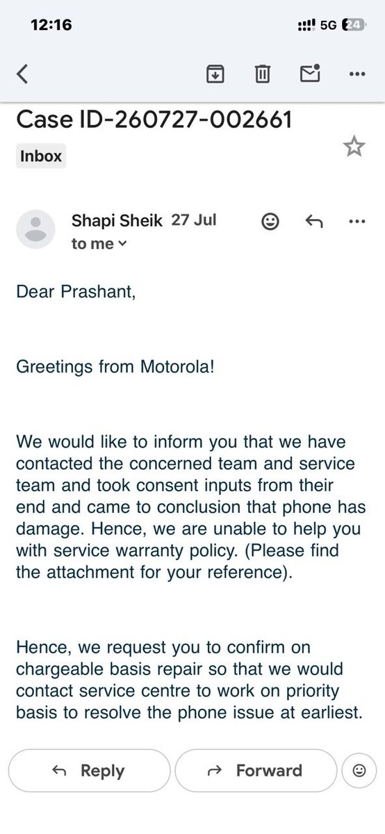 Shivans90906811's tweet photo. @Moto My phone was accepted under warranty, and the job sheet clearly mentioned “In Warranty.” Now the same device is being declared “Out of Warranty” and I’m being asked to pay. Instead of answering my questions, your team keeps sending generic replies. Please verify the CCTV https://t.co/ddKKprsFmR