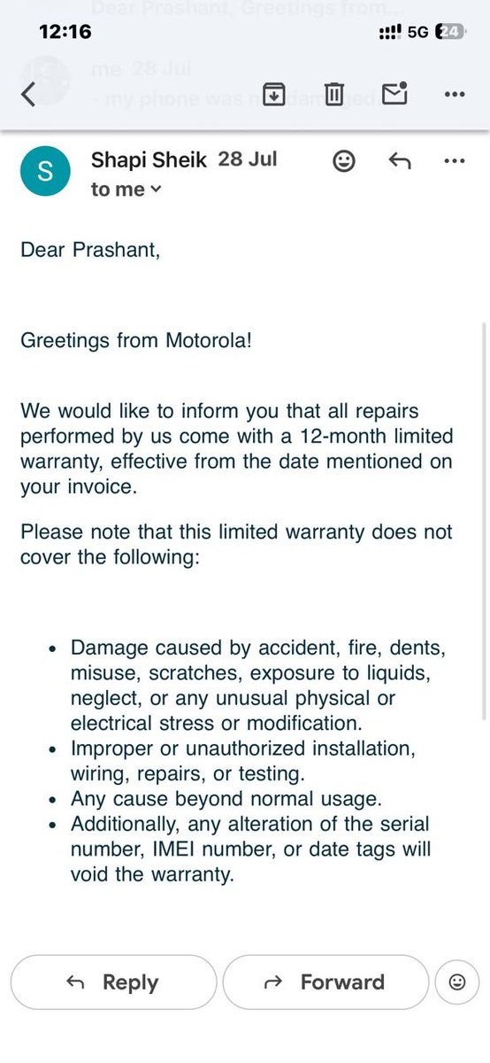 Shivans90906811's tweet photo. @Moto My phone was accepted under warranty, and the job sheet clearly mentioned “In Warranty.” Now the same device is being declared “Out of Warranty” and I’m being asked to pay. Instead of answering my questions, your team keeps sending generic replies. Please verify the CCTV https://t.co/ddKKprsFmR