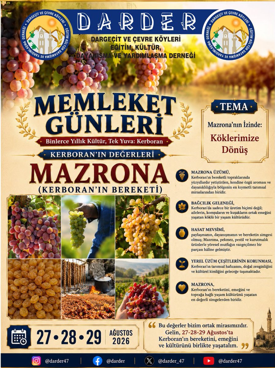 darder_47's tweet photo. MEMLEKET GÜNLERİ
KERBORAN’IN DEĞERLERİ
MAZRONA ÜZÜMÜ
Kerboran’ın bereketli topraklarında yüzyıllardır yetiştirilen Mazrona ; kendine özgü aroması, dayanıklılığı ve doğal lezzetiyle bölgenin en değerli tarımsal miraslarından biridir.

#Mazrona #Dargeçit #Kerboran #Mardin #DARDER https://t.co/G14kC4GvoB