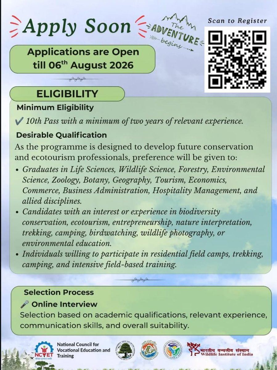 VTAA_NSQF's tweet photo. The Wildlife Institute of India @wii_india is offering a FREE NCVET-approved Green Skill Development Programme (GSDP) on Nature Conservator cum Ecotourism Guide.

- Govt. of India Certification
- Residential Training
- Extensive Field Exposure
- Apply by 6 August 2026
@moefcc https://t.co/ztJ3Qp3OWG