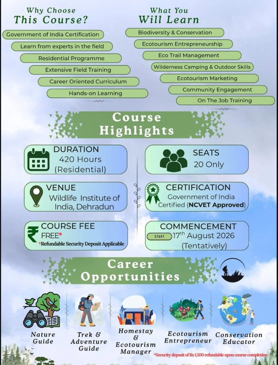 VTAA_NSQF's tweet photo. The Wildlife Institute of India @wii_india is offering a FREE NCVET-approved Green Skill Development Programme (GSDP) on Nature Conservator cum Ecotourism Guide.

- Govt. of India Certification
- Residential Training
- Extensive Field Exposure
- Apply by 6 August 2026
@moefcc https://t.co/ztJ3Qp3OWG