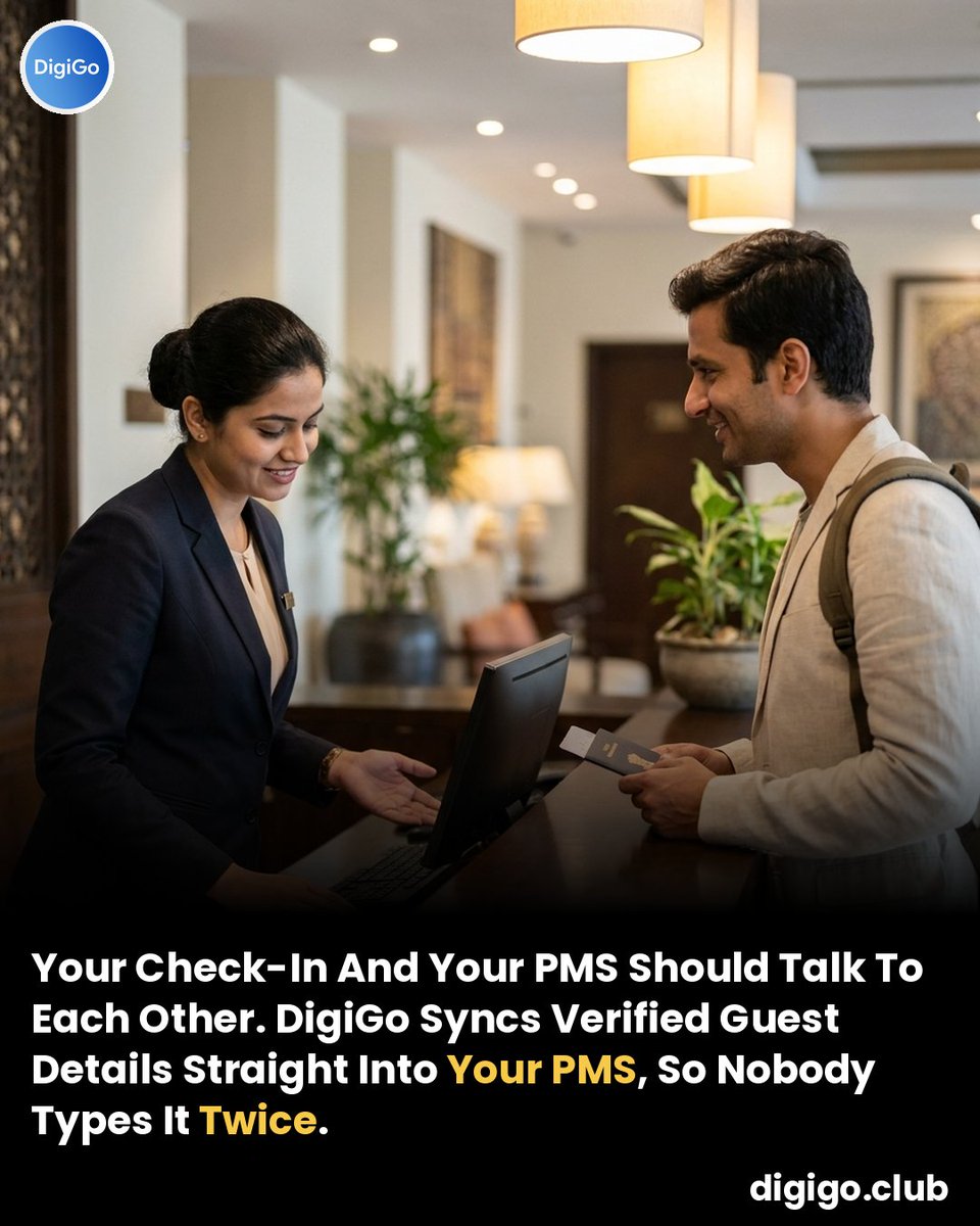 digigoclub's tweet photo. Does your front desk type guest details twice? 

@digigoclub, India's digital check-in and KYC platform for hotels, syncs check-in data straight into your PMS. No retyping, cleaner records, paperless. 

https://t.co/S6Cu4NkrDV 

#HotelTech #HotelPMS https://t.co/41Hinz3CEv