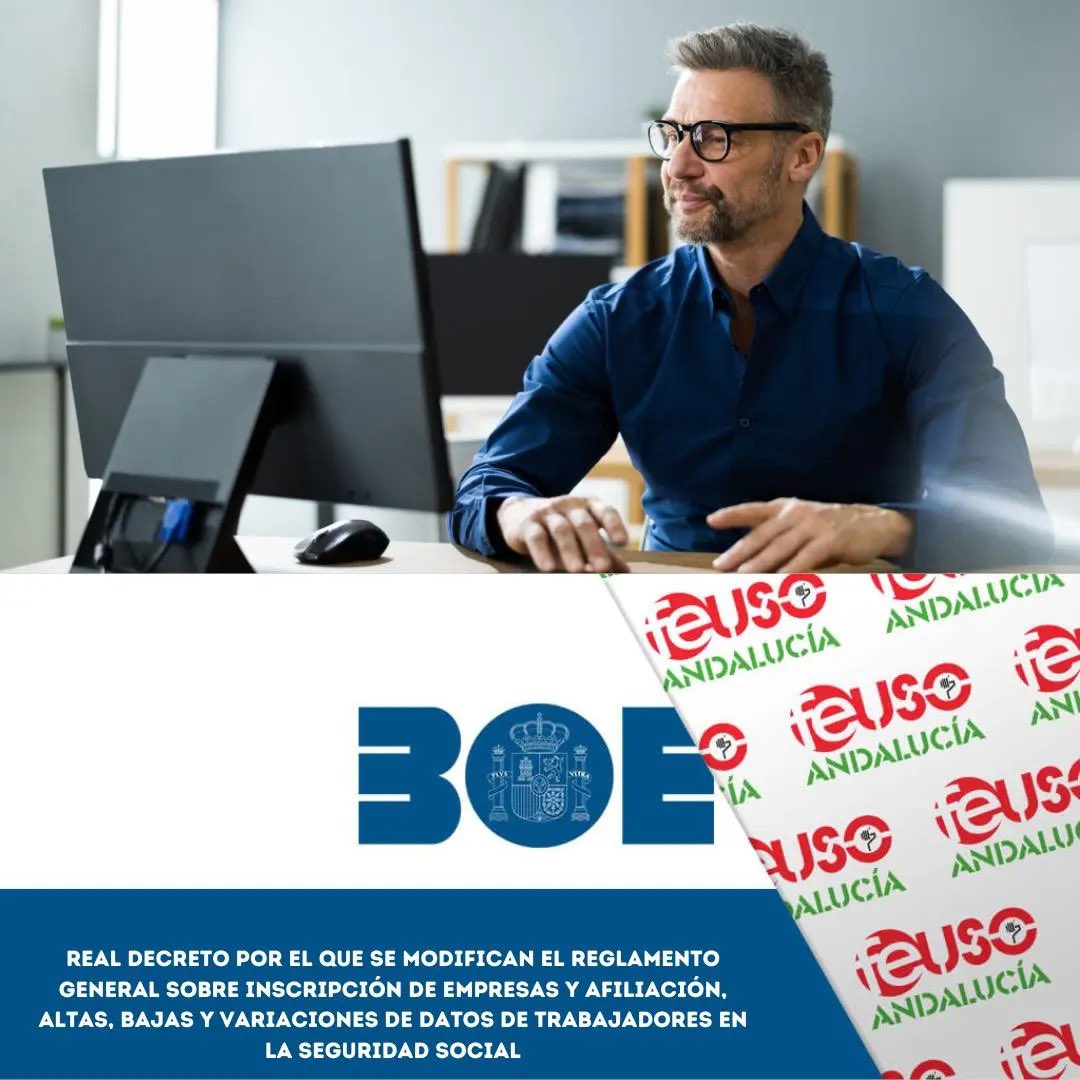 FEUSO_ANDALUCIA's tweet photo. ⭕️USO INFORMA

Real Decreto por el que se modifican el Reglamento General sobre inscripción de empresas y afiliación, altas, bajas y variaciones de datos de trabajadores en la Seguridad Social.

🔗 https://t.co/WfhySlBiIO
👍📝 Afíliate:  https://t.co/aw3Ainy3H8
#ConUSOmejor https://t.co/jjekYXtx74