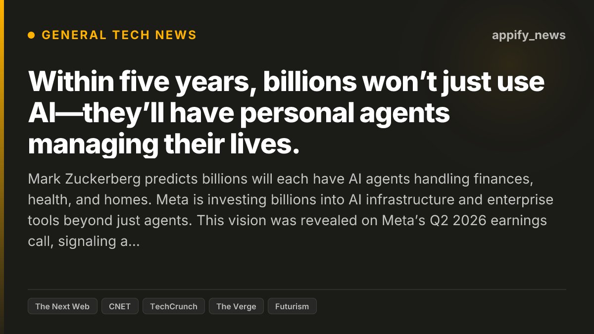 appify_news's tweet photo. Mark Zuckerberg predicts billions will each have AI agents handling finances, health, and homes.
Meta is investing billions into AI infrastructure and enterprise tools beyond just agents.
This vision was revealed on Meta’s Q2 2026 earnings call, signaling a massive AI pivot.
Critics warn this all-in bet could either redefine Meta or risk its future.

Meta’s AI push could reshape consumer tech and enterprise software, forcing rivals to accelerate AI integration or risk obsolescence.

Will personal AI agents become as indispensable as smartphones in five years?

#MetaAI