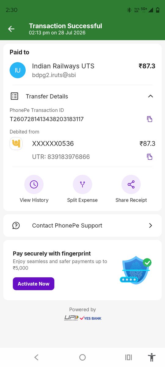royelyt75's tweet photo. "Hello @RailMadad @IRCTCofficial @RailwaySeva, my payment of ₹87.30 was successfully processed via PhonePe on28/07/2026 at 2:13 PM for an UTS unreserved ticket, but the ticket was not generated.PhonePe has confirmed the payment reached the merchant end.Please process my refund." https://t.co/ixrgirR8DK