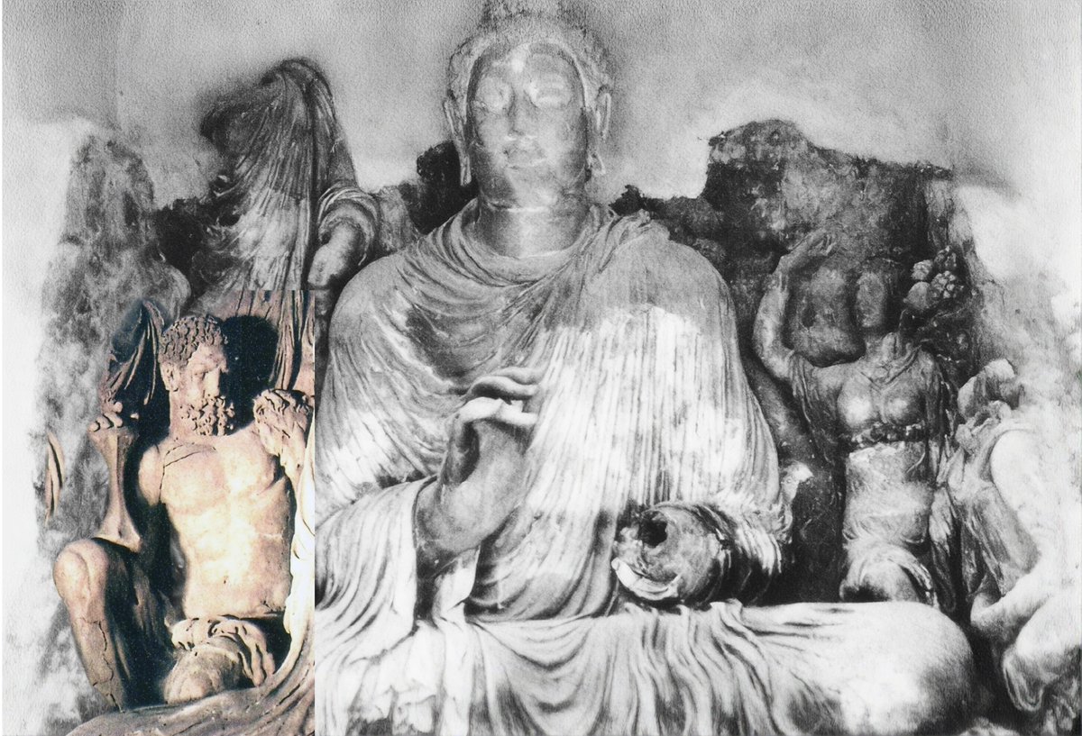 SatavahanasIN's tweet photo. Herakles, the divine hero of Greek mythology, is depicted as Vajrapāṇi, the muscular protector of the Buddha, seated beside the Buddha.

Tapa-e-Shotor ("Camel Hill"), a Buddhist monastery in Afghanistan, ca. 2nd century CE https://t.co/BXjusTI6Tu