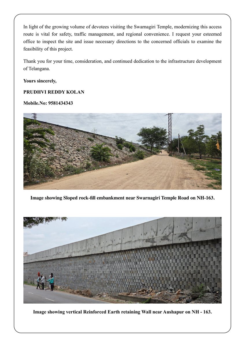 KPR_PRUDHVI's tweet photo. Hon’ble Minister @KomatireddyKVR garu, the sloped embankment at #BHONGIR Bridge on #NH163 is causing roadwidth constraints, congestion, erosion &amp; water logging. Requesting your intervention to examine a vertical RE retaining wall to improve road width, drainage and public safety. https://t.co/3PtxIrtGFx