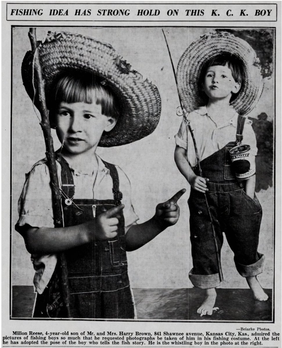 KansasCity100's tweet photo. No, it’s not Huck Finn. It’s 4 year old Milton Reese of #KCK, posing in his fishing gear. Newspaper image enhanced by AI. https://t.co/7anNur98ZB