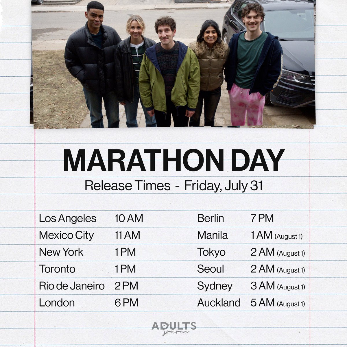 adultsfxsource's tweet photo. 📆 | TOMORROW!!

Adults returns tomorrow with Marathon Day, the standalone Paul Baker prequel episode, on FXX and Hulu.

See below for your local release time. https://t.co/qDSFlx3Fz2