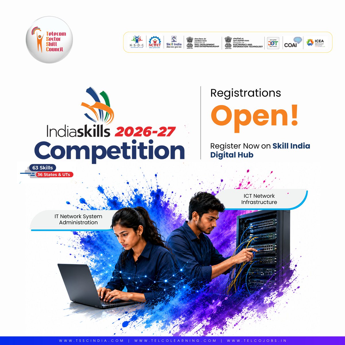 TSSCINDIA's tweet photo. TSSC is pleased to announce that registrations for IndiaSkills 2026–27 are now open on SIDH.

Register Now: https://t.co/lpAsjMcqU6

https://t.co/P0MCEOjF1Q 

@MSDESkillIndia | @NSDCIndia 

#indiaskills #worldskills #skillindia #telecom #networking #itinfrastructure #ict https://t.co/CkRwbRtnXZ