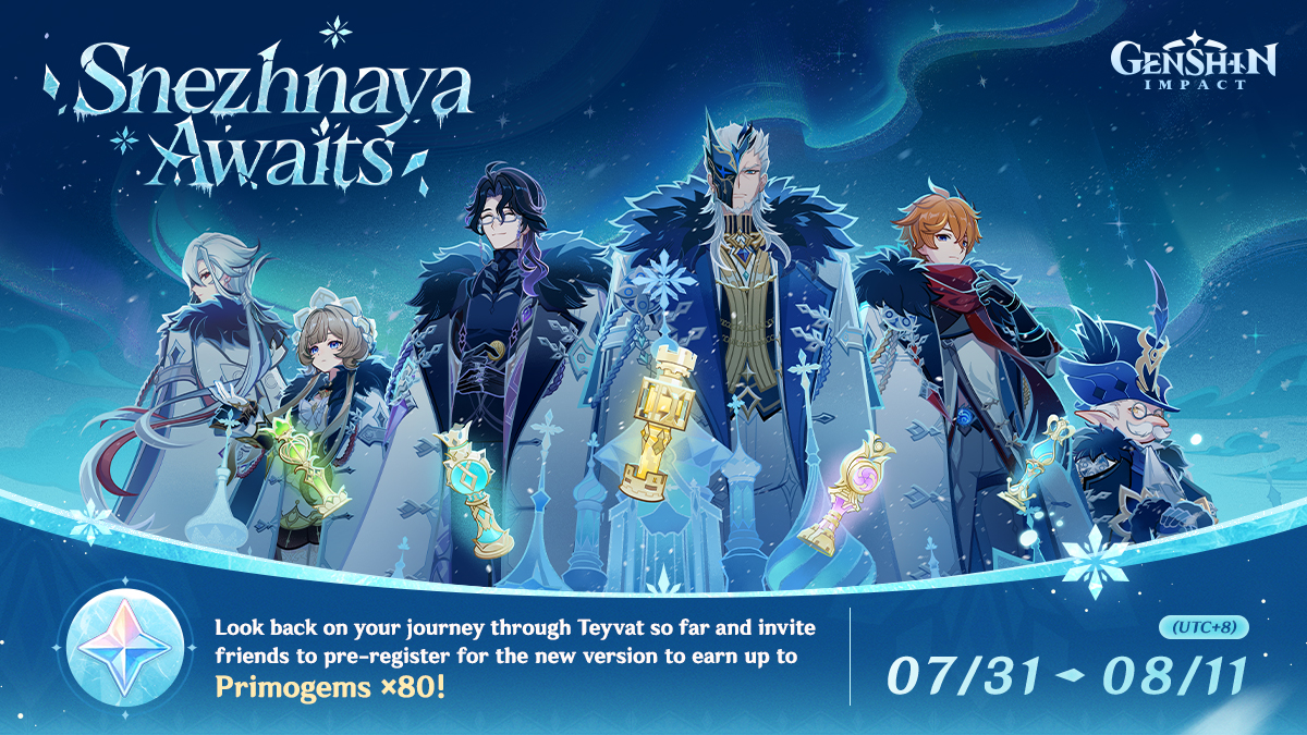 GenshinImpact's tweet photo. The "Snezhnaya Awaits" web event is now live
#GenshinSnezhnaya #GenshinImpact #SnezhnayaAwaits #NowSnezhnaya 

Dear Traveler, come look back on your journey through Teyvat so far~
Participate in the event and invite friends to pre-register for the new version to earn up to Primogems ×80!
