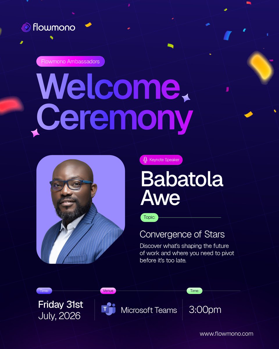 Flowmonoinc's tweet photo. Tomorrow cannot come soon enough!

Not only will we be unveiling some of the brightest minds around the world as Ambassadors of Flowmono, we will be having an intriguing conversation around the Future of Work - and how you can be properly aligned for it.

Our Keynote speaker, @BabatolaAwe is the CEO/CTO of Flowmono and he has a lot to unpack. Our hosts @FabianCollins_ and Oluwatosin Omotayo will be on ground to deliver from the get-go.

It’s definitely one of those meetings you determine not to miss.

Register here for FREE
https://t.co/CFwJ95djns