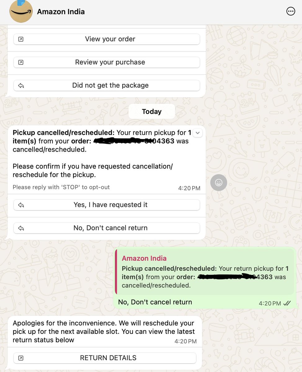 unique8260's tweet photo. @AmazonIN @AmazonHelp I was asked to wait 6–12 hours for your team's response. Instead, I received an automated message stating my return pickup was cancelled/rescheduled, even though I never requested any cancellation or reschedule. This only adds to the poor experience. Please stop sending automated responses and assign someone to resolve this case urgently.