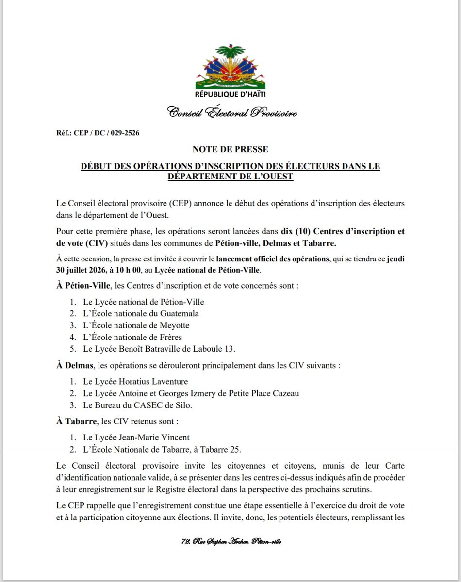 cep_haiti's tweet photo. DÉBUT DES OPÉRATIONS D’INSCRIPTION DES ÉLECTEURS DANS LE DÉPARTEMENT DE L'OUEST https://t.co/iyTrPDTxDt