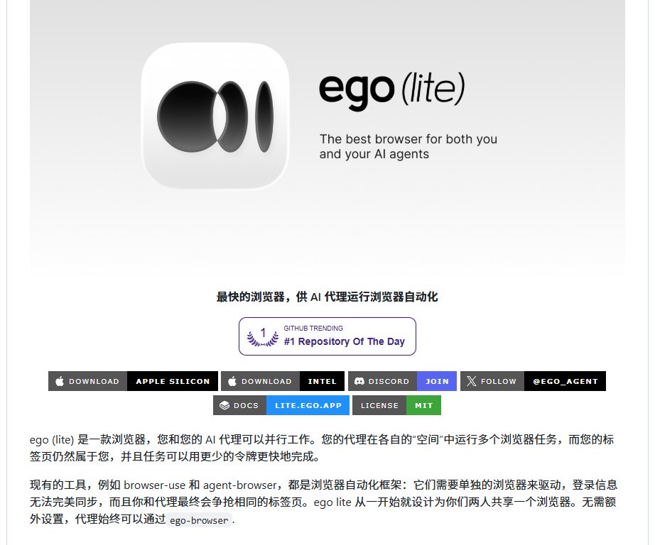 XAMTO_AI's tweet photo. 刚发现一个极其顺手的开源项目，ego-lite。它解决了一个我纠结很久的痛点：AI 自动化操作浏览器时，要么得重新登录，要么会跟我抢标签页。

你正常刷网页，Claude Code 或 Codex 在独立的隔离空间里帮你跑自动化任务。直接继承你现有的登录状态，完全不会干扰你当前浏览。用起来感觉就是，我干我的，它干它的，互不打扰。

目前支持 macOS，零成本、零配置。实测下来，AI 调用浏览器完成任务的速度比传统 CLI 方案快不少，而且更省 Token。

传送门：https://t.co/IR1jXhI465