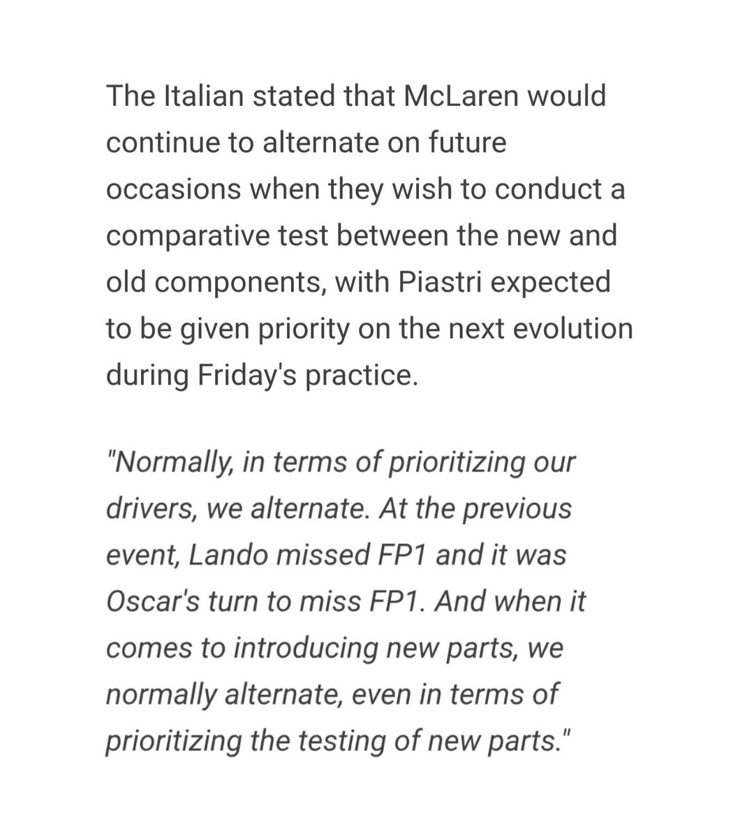 laurogeitabat's tweet photo. andrea stella says the team still follow their philosophy of alternating priority between their drivers, and that oscar is meant to get priority when the next upgrade package comes. https://t.co/zuWqM0WTkC