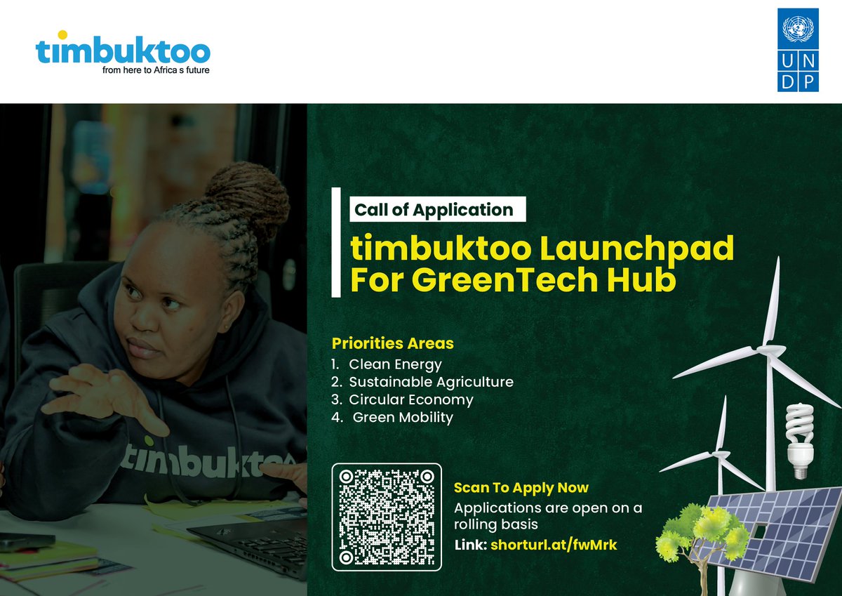 UNDPKenya's tweet photo. Innovation thrives when everyone is included. 🌍

The timbuktoo GreenTech Hub in Nairobi is open to startups across Africa building solutions in Clean Energy, Circular Economy, Sustainable Agriculture, and Green Mobility.

Startups led by women, youth, and founders from rural and underserved communities are strongly encouraged to apply.

Applications are open on a rolling basis.
Apply Today 🔗: https://t.co/UY3cHF1oiy

#InclusiveInnovation #GreenTechAfrica #timbuktoo
