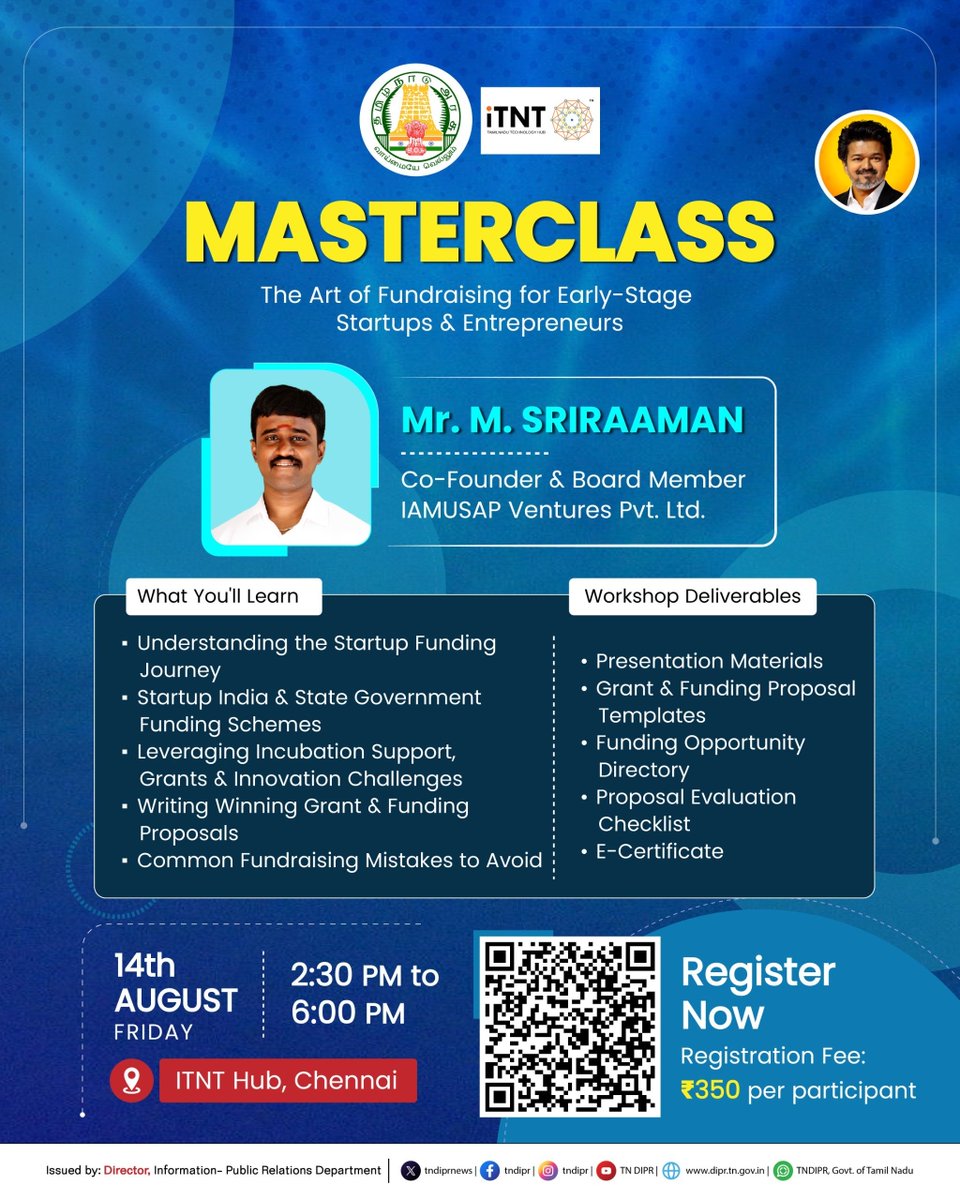 TNDIPRNEWS's tweet photo. Join us for an interactive workshop designed to help startups and entrepreneurs navigate the fundraising journey, identify relevant funding opportunities, and build stronger grant and funding proposals.

@CMOTamilnadu @TVKVijayHQ @imrajmohan 
  
#CMJosephVijay #TNOfficialUpdates #TNDIPR #TamilNadu #TNGovt #CMForThePeople