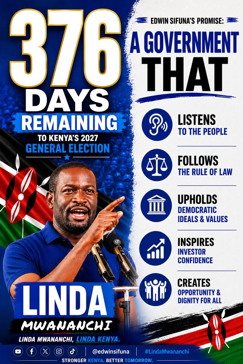 HillmanOfficial's tweet photo. 376 days to go. A government that listens. A government that upholds the rule of law. A government that creates opportunity for all. 🇰🇪 #LindaMwananchi #EdwinSifuna #2027Elections #Kenya @LindaMwananchi_ https://t.co/nh2FJx3TVi