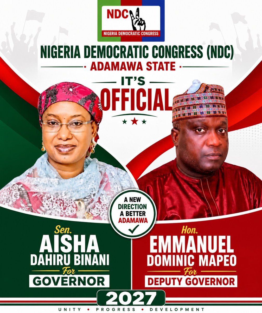 yeripros's tweet photo. BREAKING:

The NDC Governorship Candidate in Adamawa State, Sen. Aisha Dahiru Binani, has officially announced Hon. Emmanuel Dominic Mapeo as her running mate in the forthcoming election.

Adamawa is NDC✌ https://t.co/s9j6UyldrC