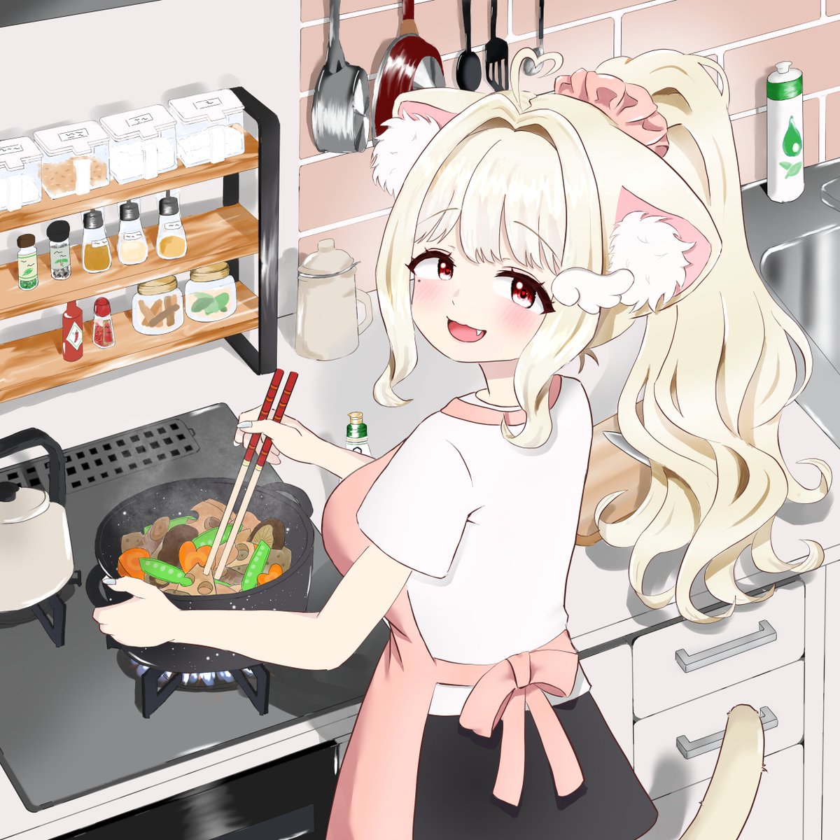 9reler9's tweet photo. 7月は妄想が爆発した猫羽かりんちゃんお絵かきでした🐱🎨
・得意料理を振る舞う
・配信ネタ（レッサーパンダの威嚇）
・はい、あーん♡
#かりにゃ～と https://t.co/fWLlttkg8k