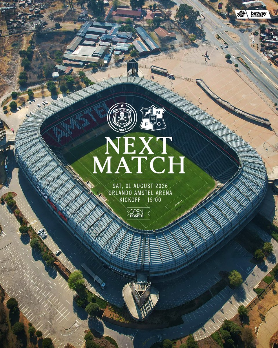 orlandopirates's tweet photo. 𝐍𝐄𝐗𝐓_𝐌𝐀𝐓𝐂𝐇

🆚 Milford Football Club
🗓️ Saturday, 1 August 2026
🏟 Orlando Amstel Arena
⏰ 15:00
🎟 https://t.co/X5Ityzl1cy
💳 R100
❗𝐃𝐢𝐠𝐢𝐭𝐚𝐥 𝐓𝐢𝐜𝐤𝐞𝐭𝐬 𝐎𝐧𝐥𝐲
📺 @supersporttv

⚫⚪🔴⭐
#OrlandoPirates
#OnceAlways https://t.co/l97ZgPfMgS