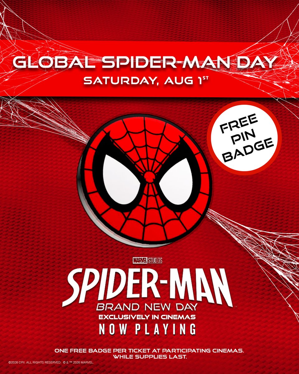 cineworld's tweet photo. Celebrate Global Spider-Man Day with a FREE Spider-Man Pin! 🕷️

See #SpiderMan: Brand New Day at Cineworld on August 1 and take home an EXCLUSIVE Spider-Man Pin Badge. Available while stocks last! 🕸️

Terms apply: https://t.co/evp5zPFtpS https://t.co/Afj03p5dFY