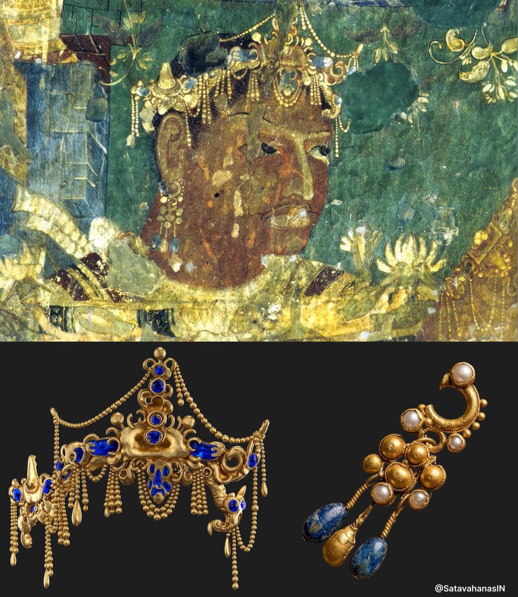 SatavahanasIN's tweet photo. Reconstruction of the gold crown and earrings worn by the royal prince bringing offerings to Vajrapāṇi, Ajanta Cave no. 1, ca. 467 CE, Maharashtra. https://t.co/f6UPedgOF3