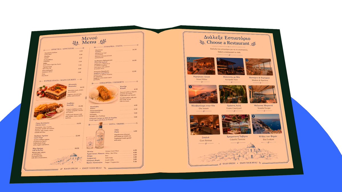 tokiwailm's tweet photo. Taste of Greece　―By ワリペン
メニュー表から九つのレストランの景色を楽しめる、南欧の旅気分の3DGSワールドです。

https://t.co/31xtQZmnFI
#VRChat_world紹介 #VRChat https://t.co/6LF0zfaphT