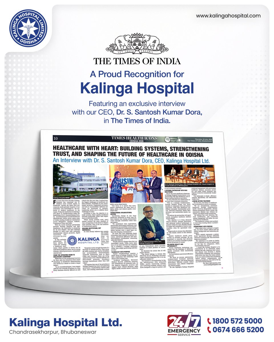 HospitalKalinga's tweet photo. Proud to be featured in The Times of India with an exclusive interview of our CEO, Dr. S. Santosh Kumar Dora.
👇 Read more: https://t.co/07SGFhmcQJ
#KalingaHospital #TimesOfIndia #Healthcare https://t.co/RBTgiEV4CV