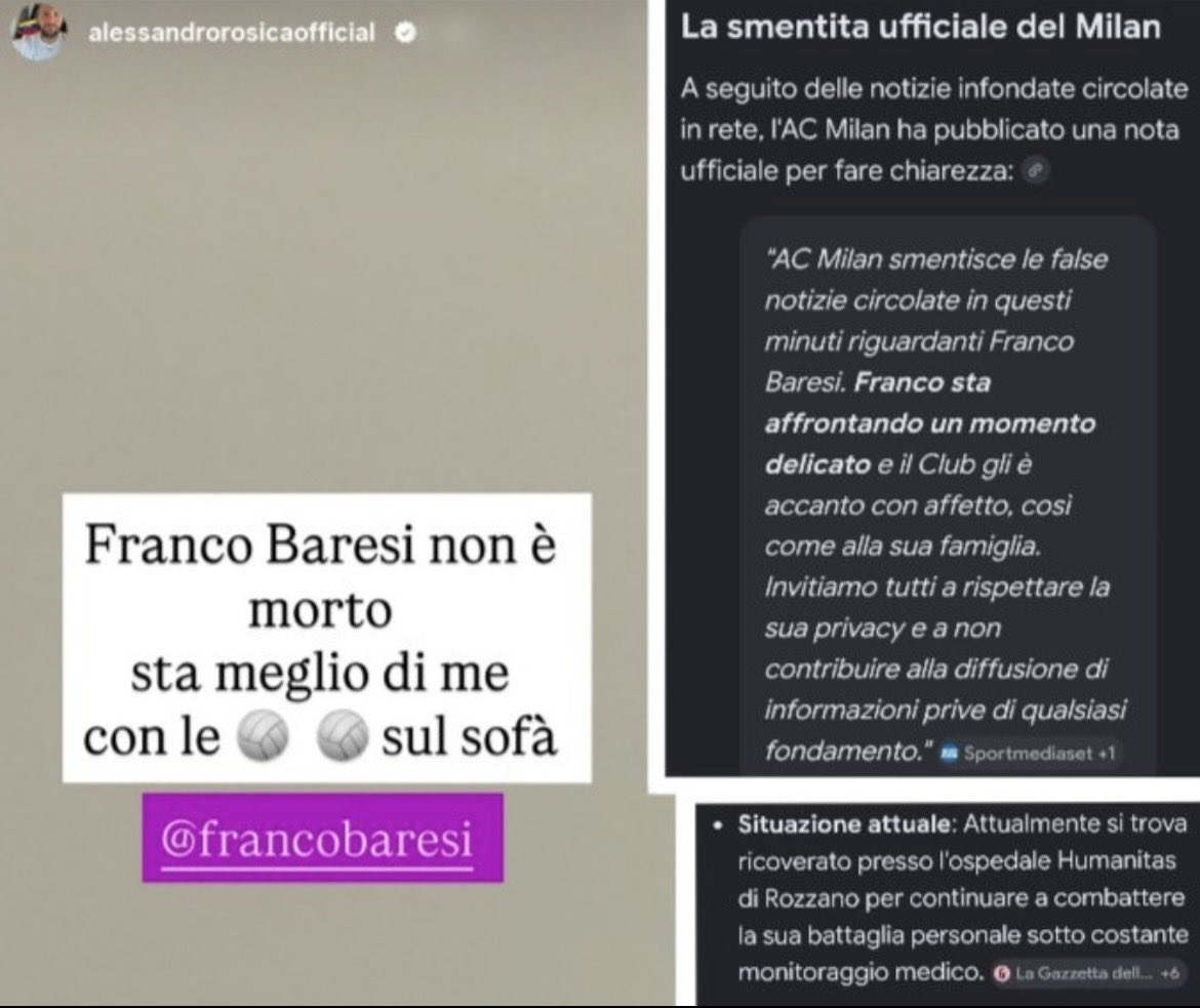 saures788's tweet photo. Alessandro Rosica, mentre Franco Baresi affronta un momento di salute davvero delicato e il Milan chiede solo rispetto e privacy, esce con “non è morto, sta meglio di me con le 🏐🏐 sul sofà”.
Squallido. Zero empatia, zero rispetto per una leggenda e per la sua famiglia. https://t.co/lS334o6wmG