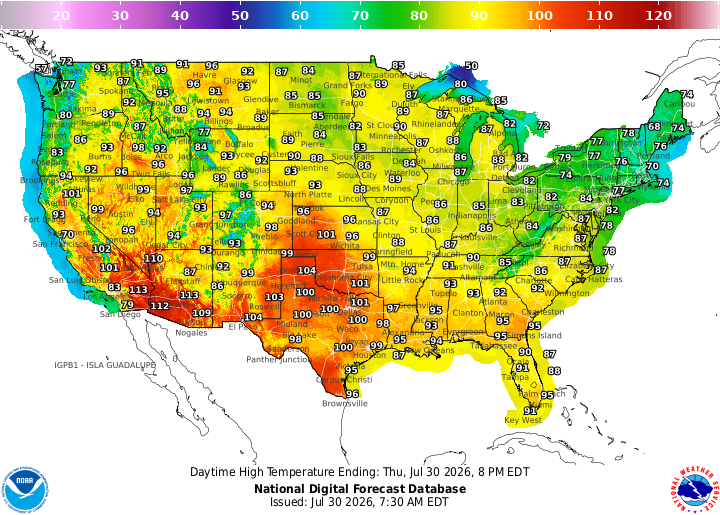 HMCNavy's tweet photo. Today's High/Low Temperature Forecast Maps
Thursday, 30 July 2026 https://t.co/wkBtvYF0W3