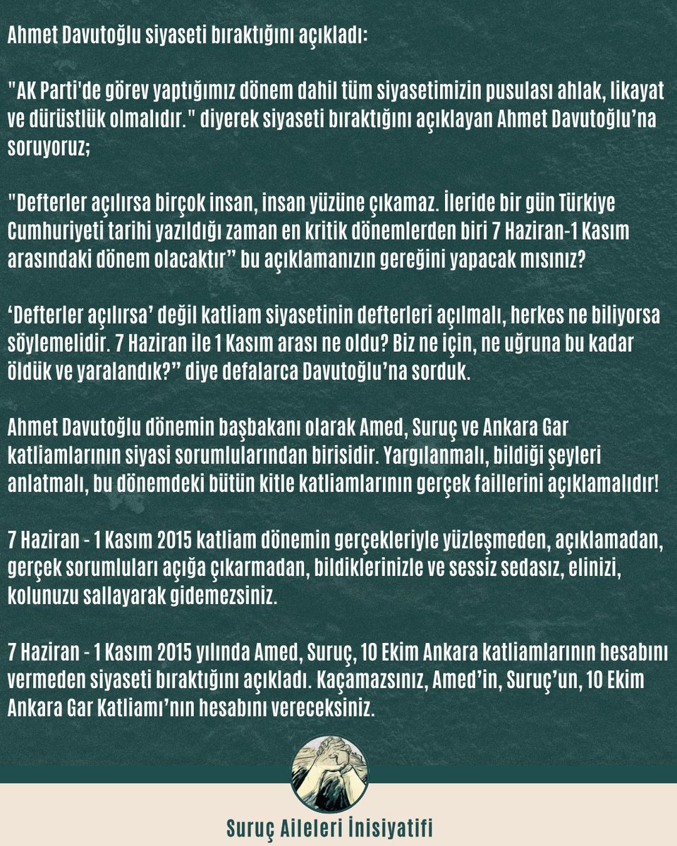 SurucAileleri's tweet photo. 7 Haziran - 1 Kasım 2015 katliam dönemin gerçekleriyle yüzleşmeden, açıklamadan, gerçek sorumluları açığa çıkarmadan, bildiklerinizle ve sessiz sedasız, elinizi, kolunuzu sallayarak gidemezsiniz.

Amed’in, Suruç’un, 10 Ekim Ankara Gar Katliamı’nın hesabını vereceksiniz! https://t.co/dyQFYZxlVr