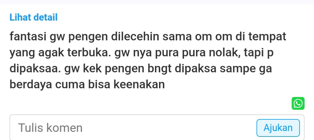 mra37qw's tweet photo. susah di kalo fantasy mu itu di wujudkan dengan tidak sengaja kalo kamu mau mungkin cari teman om² dan kamu minta buat di gilir sama temen²nya di tempat terbuka karna banyak orang pasti mikir kalo mau lecehin cewe ngak di kenal takut di laporkan. https://t.co/4xfW23AeZH
